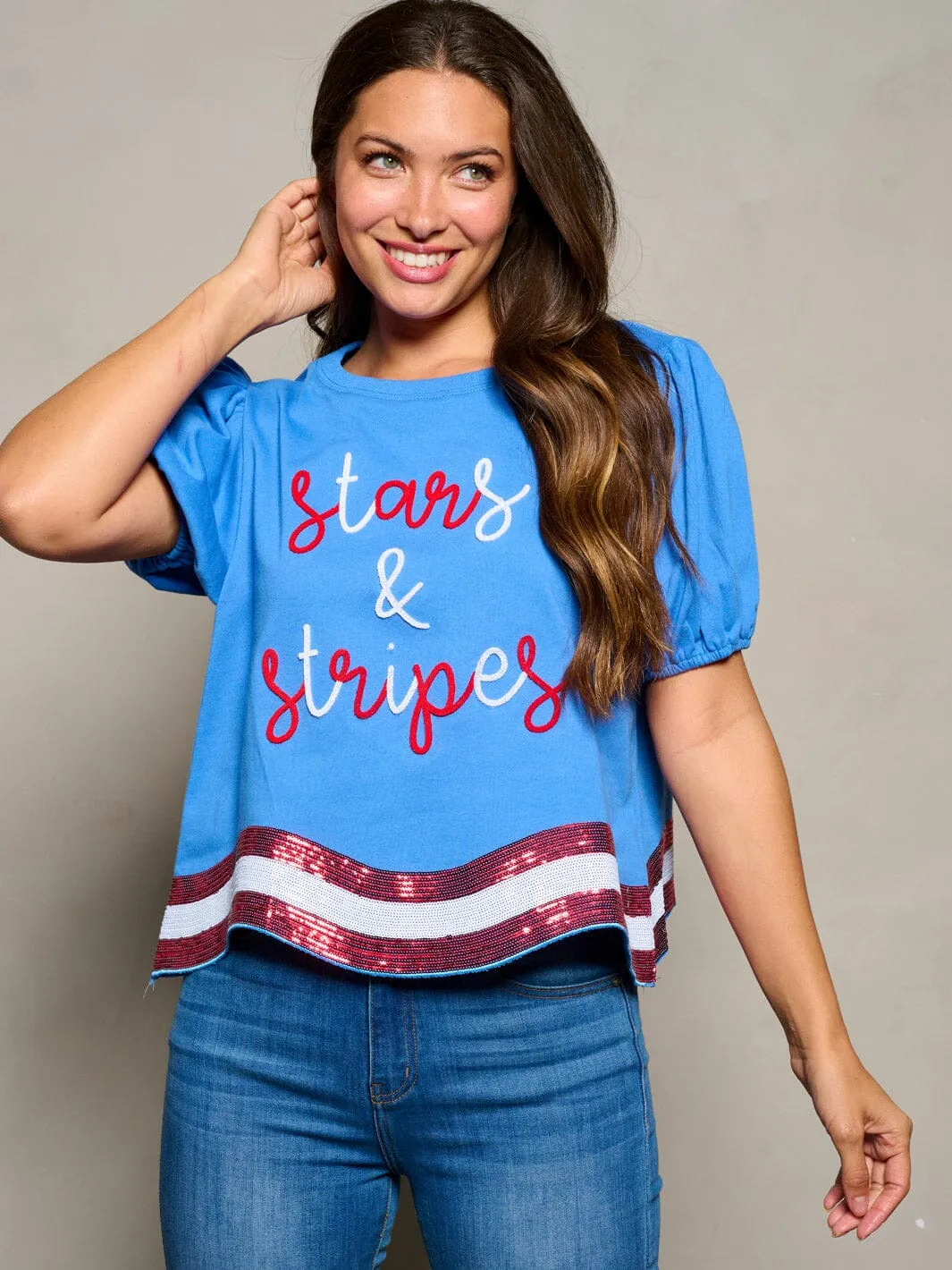 WOMEN'S SHORT SLEEVE SEQUINS STARS & STRIPES PATRIOTIC TUNIC BLOUSE TOP