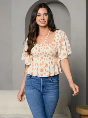 WOMEN'S SHORT SLEEVE SMOCK TIE HALTER FLORAL TOP