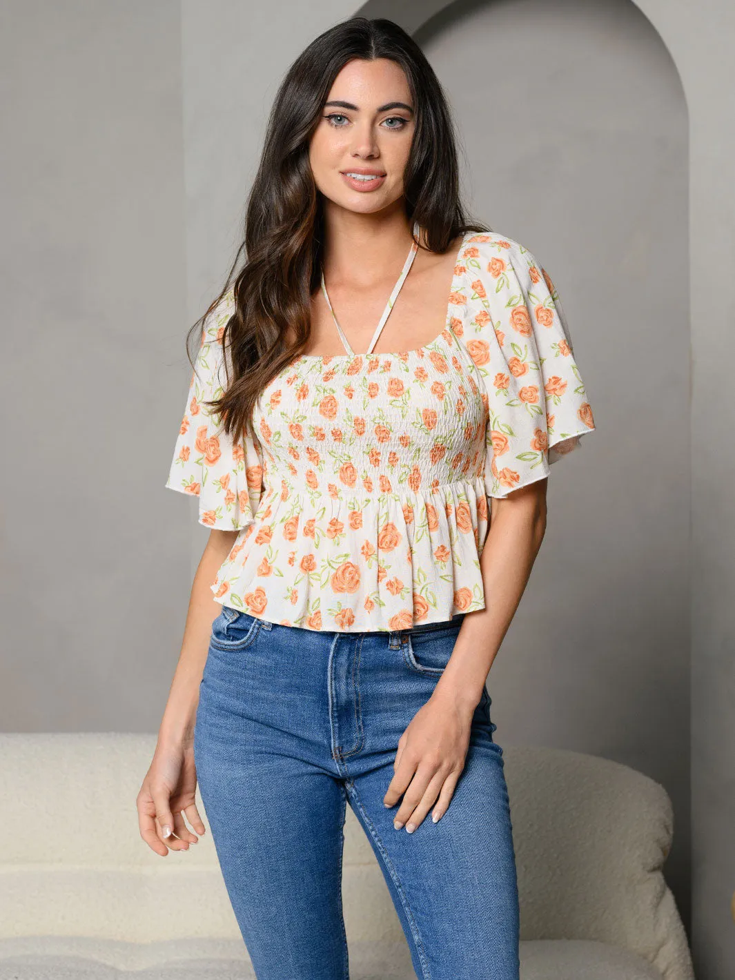 WOMEN'S SHORT SLEEVE SMOCK TIE HALTER FLORAL TOP