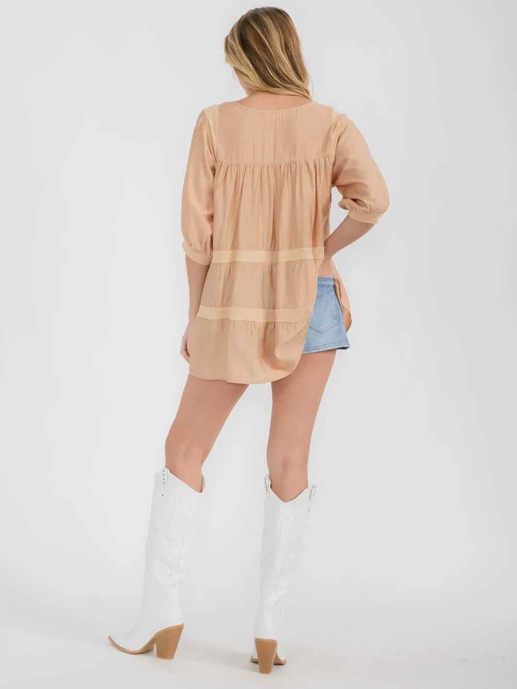 WOMEN'S SHORT SLEEVE SQUARE NECK TIERED TUNIC BLOUSE TOP