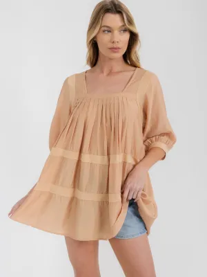 WOMEN'S SHORT SLEEVE SQUARE NECK TIERED TUNIC BLOUSE TOP