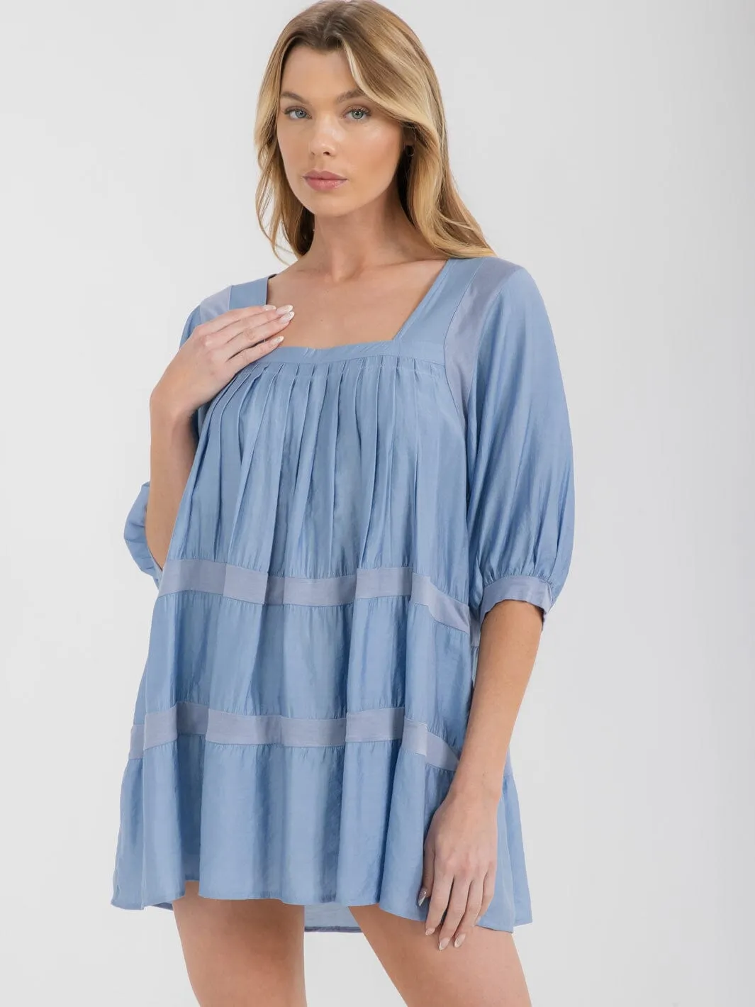 WOMEN'S SHORT SLEEVE SQUARE NECK TIERED TUNIC BLOUSE TOP