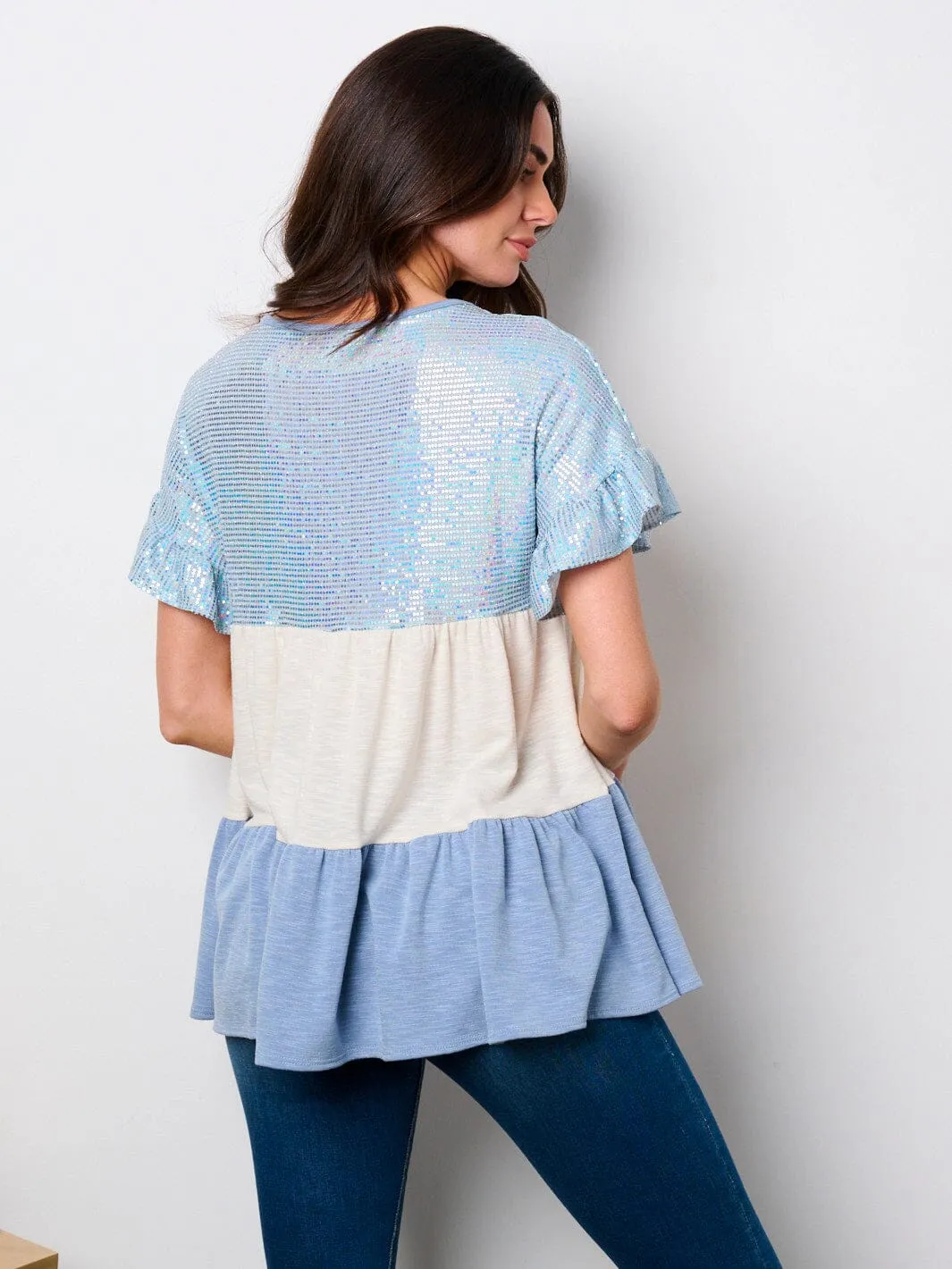 WOMEN'S SHORT SLEEVE TIERED COLORBLOCK TUNIC SEQUINS TOP