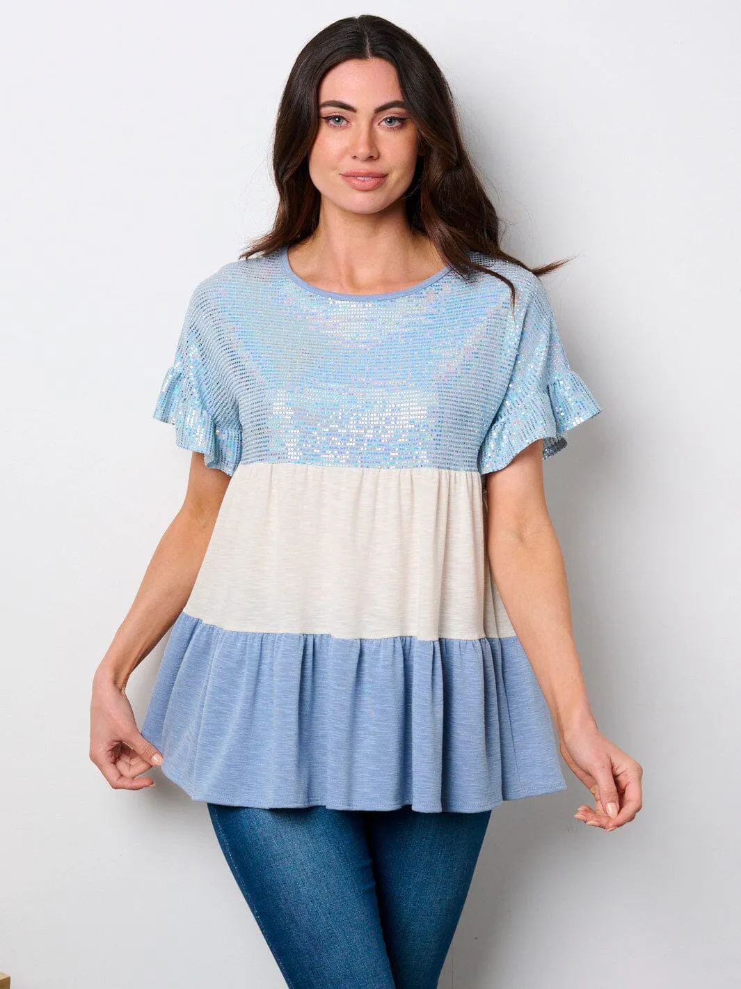 WOMEN'S SHORT SLEEVE TIERED COLORBLOCK TUNIC SEQUINS TOP
