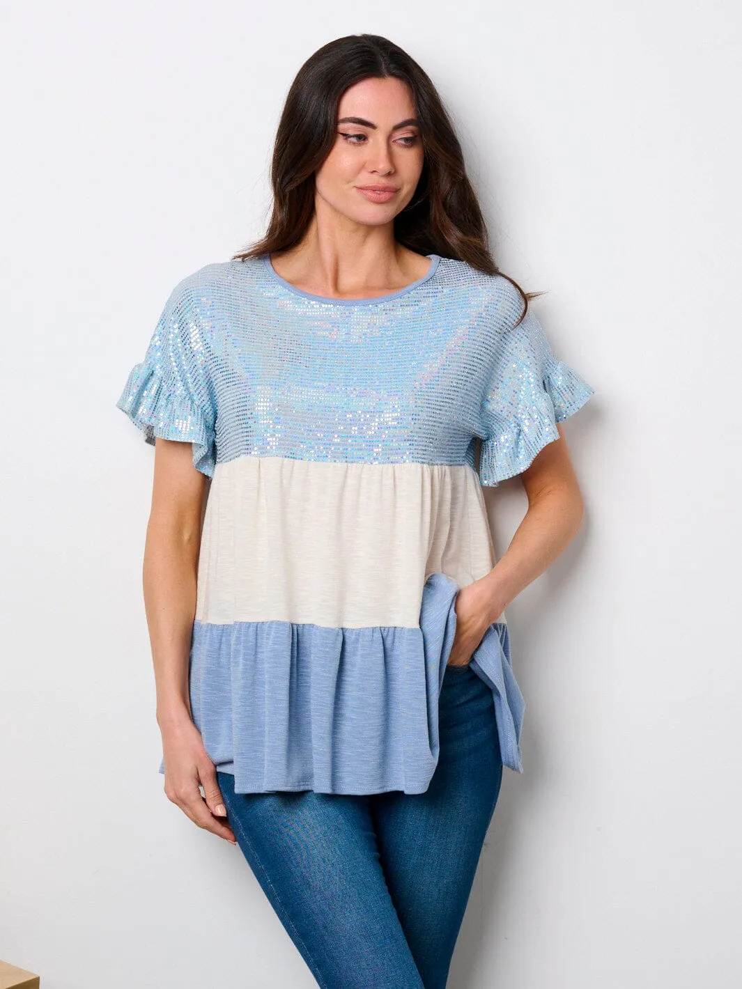 WOMEN'S SHORT SLEEVE TIERED COLORBLOCK TUNIC SEQUINS TOP
