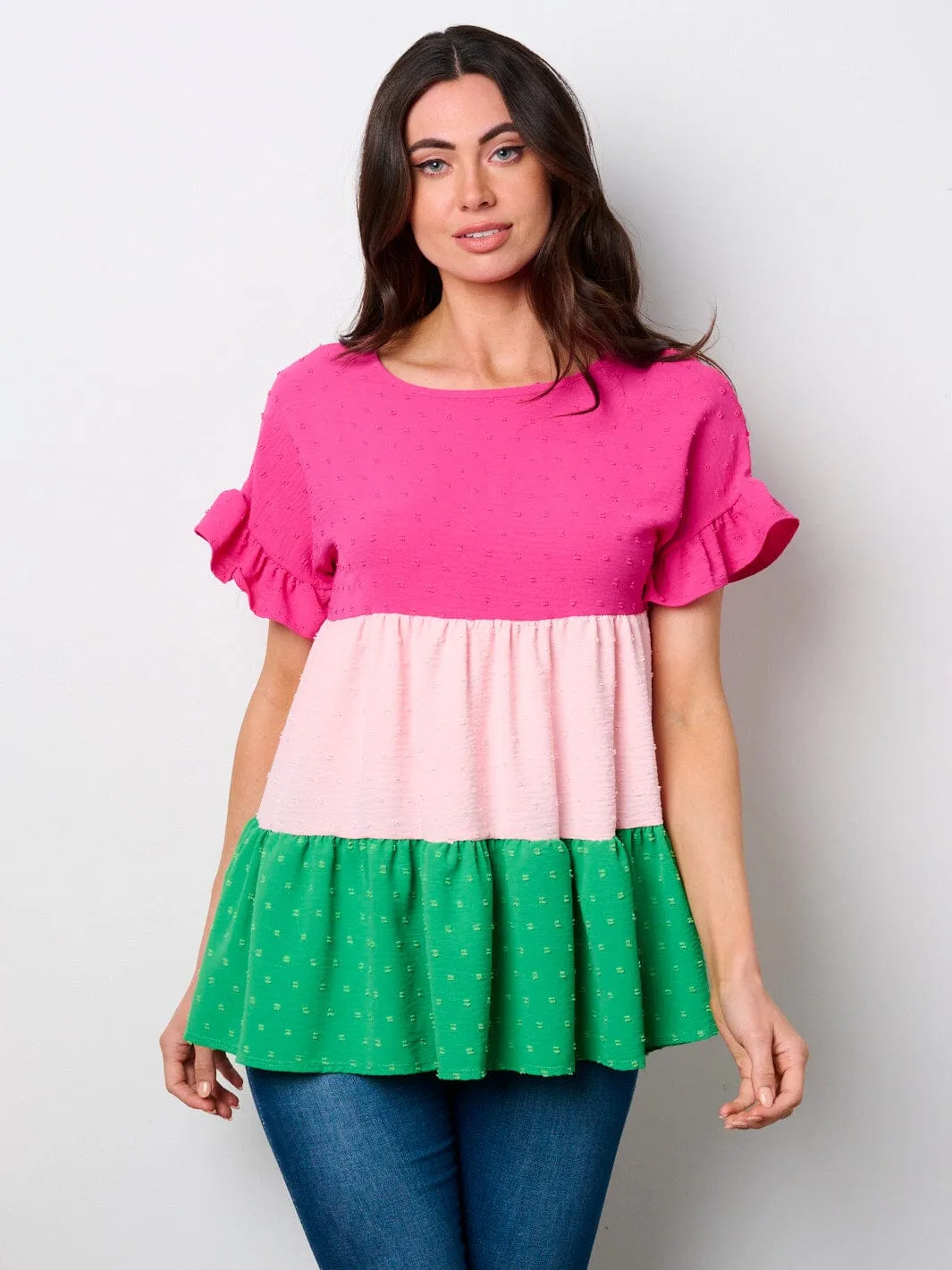 WOMEN'S SHORT SLEEVE TIERED COLORBLOCK TUNIC SWISS TOP