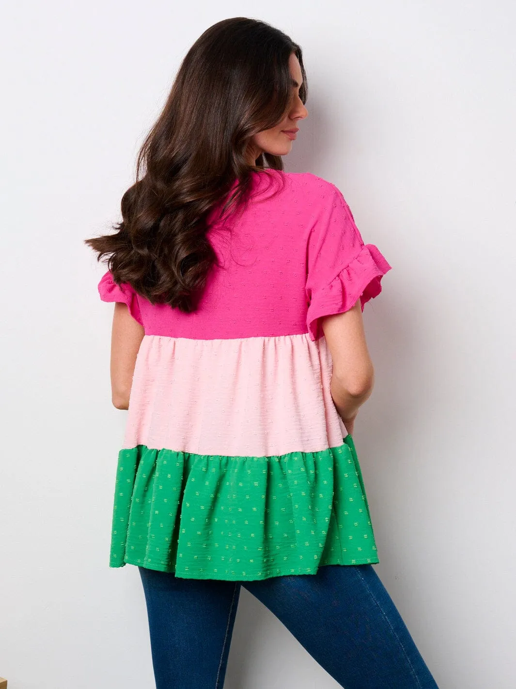 WOMEN'S SHORT SLEEVE TIERED COLORBLOCK TUNIC SWISS TOP