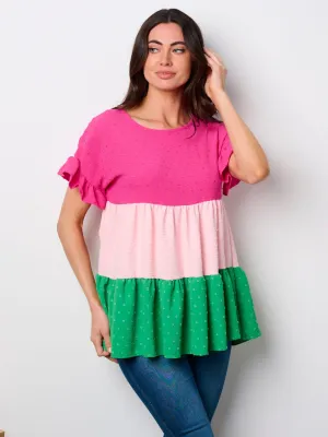WOMEN'S SHORT SLEEVE TIERED COLORBLOCK TUNIC SWISS TOP