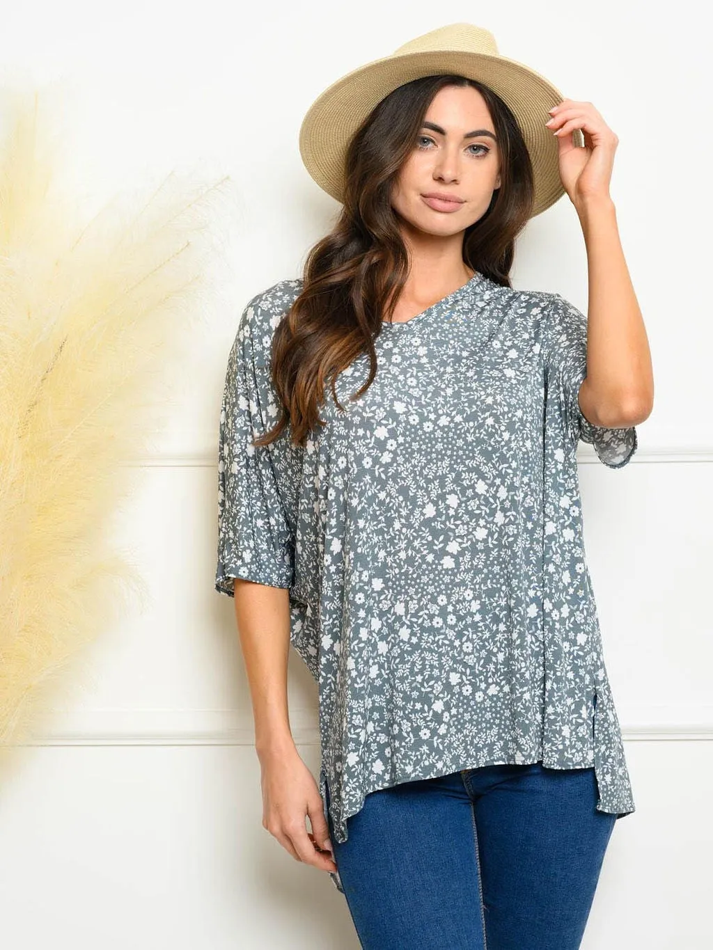 WOMEN'S SHORT SLEEVE TUNIC FLORAL TOP