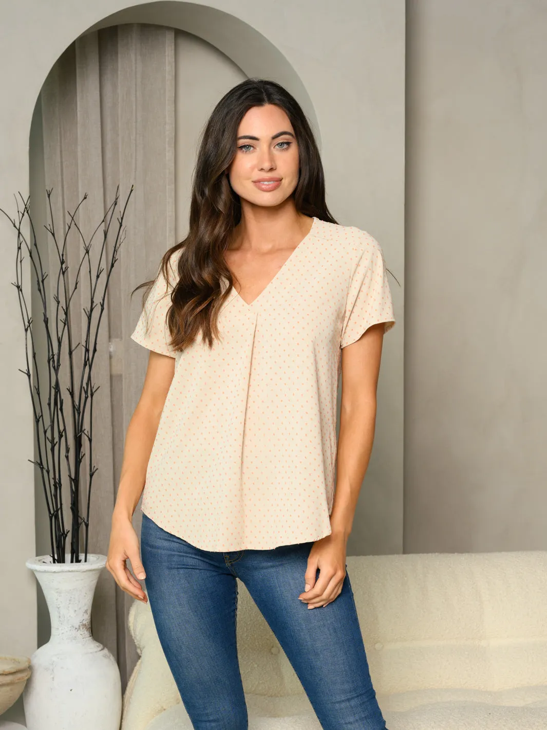 WOMEN'S SHORT SLEEVE V-NECK DOT DETAILED TUNIC TOP