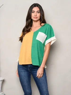 WOMEN'S SHORT SLEEVE V-NECK FRONT POCKET COLORBLOCK TOP