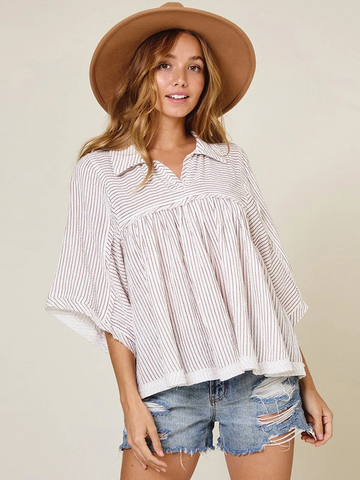 WOMEN'S SHORT SLEEVE V-NECK STRIPES TUNIC TOP