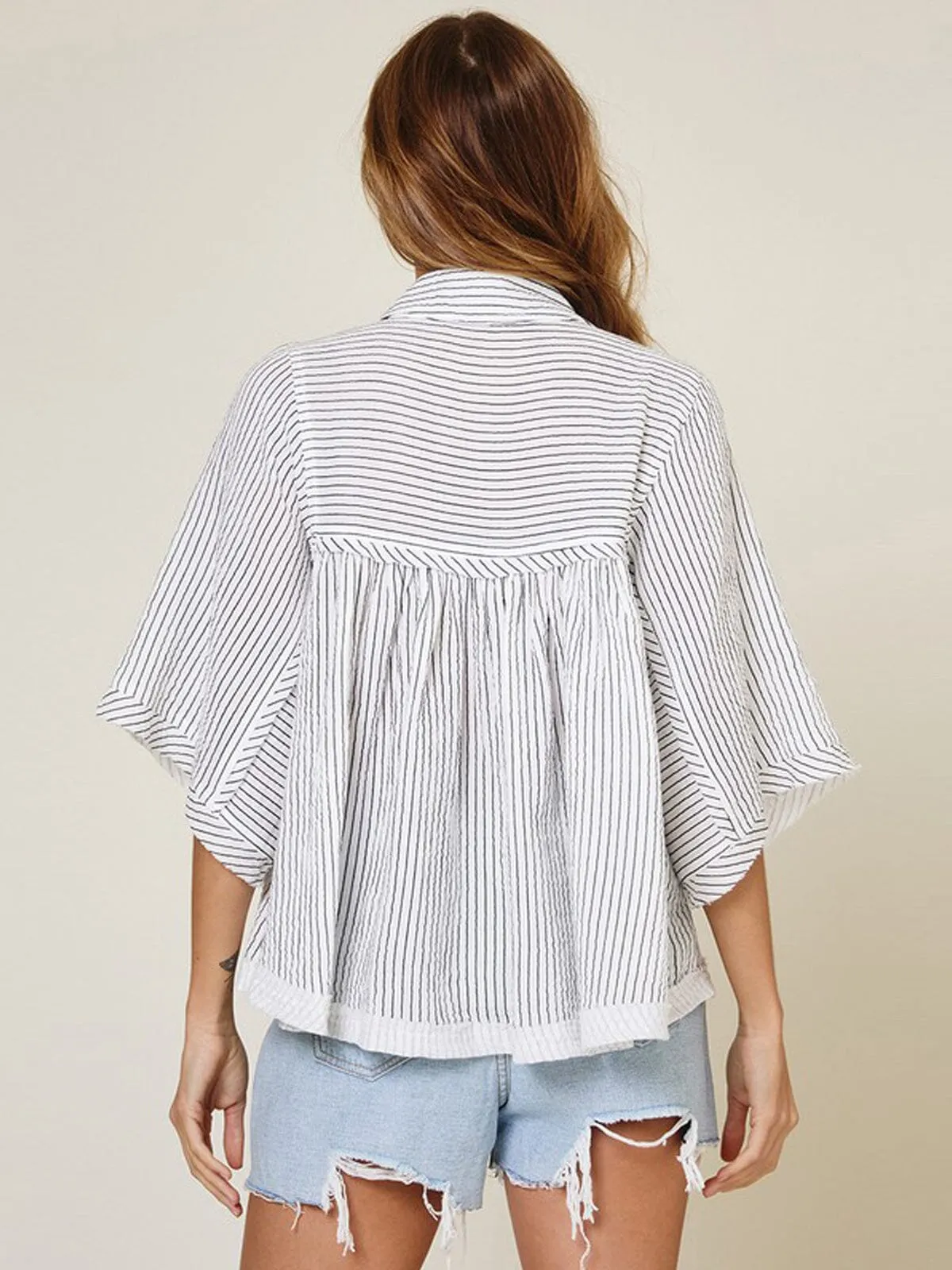 WOMEN'S SHORT SLEEVE V-NECK STRIPES TUNIC TOP