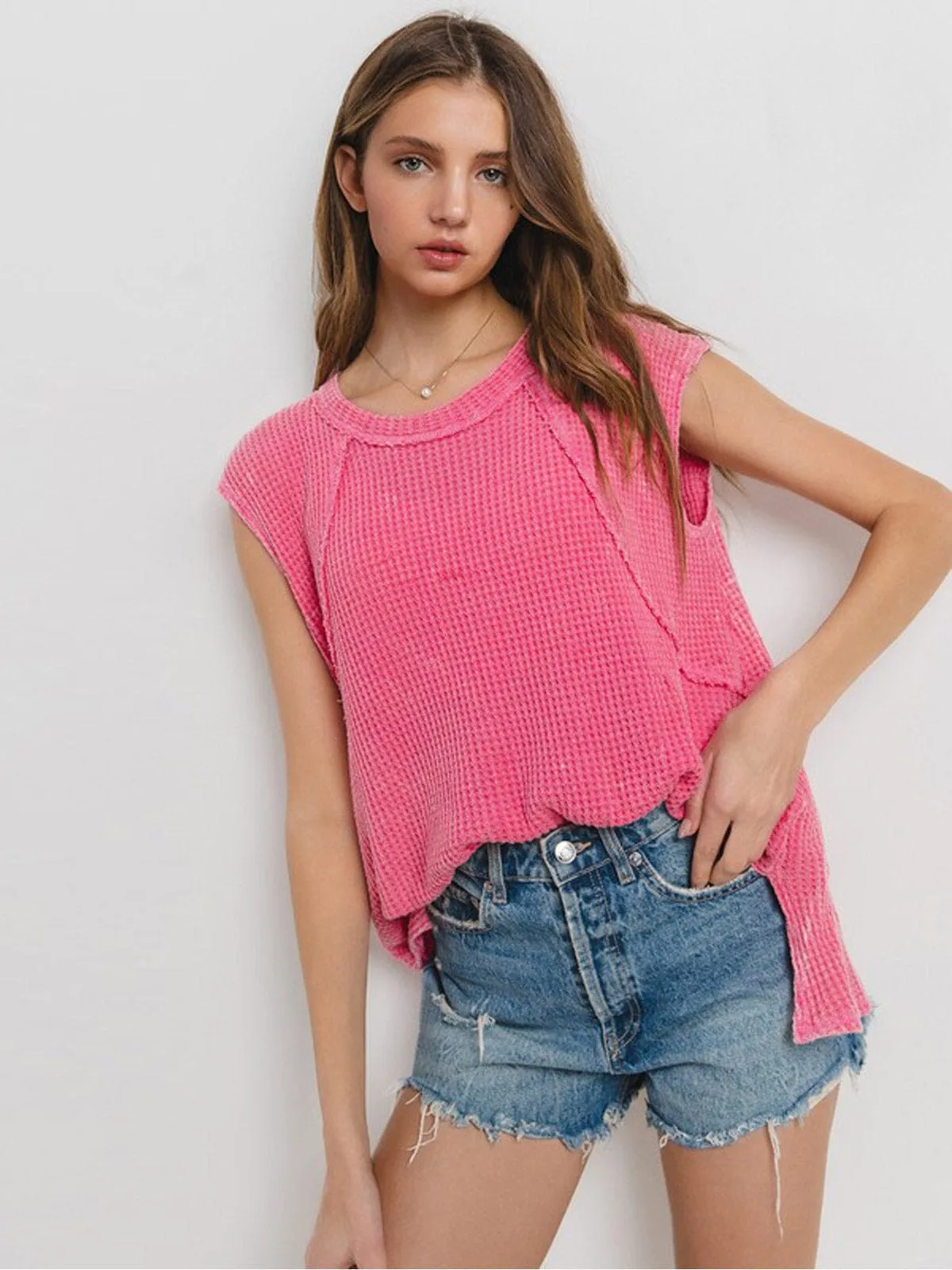 WOMEN'S SHORT SLEEVE WAFFLE PRINT TUNIC TOP
