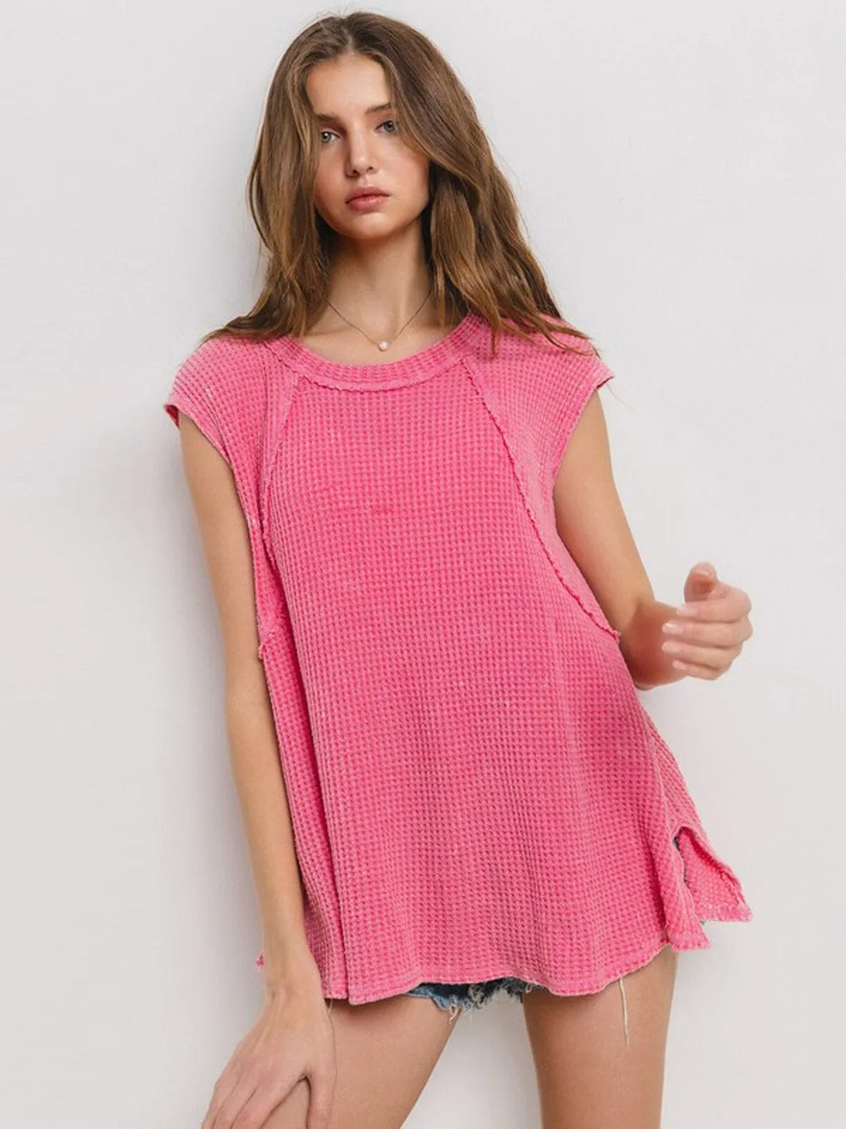 WOMEN'S SHORT SLEEVE WAFFLE PRINT TUNIC TOP