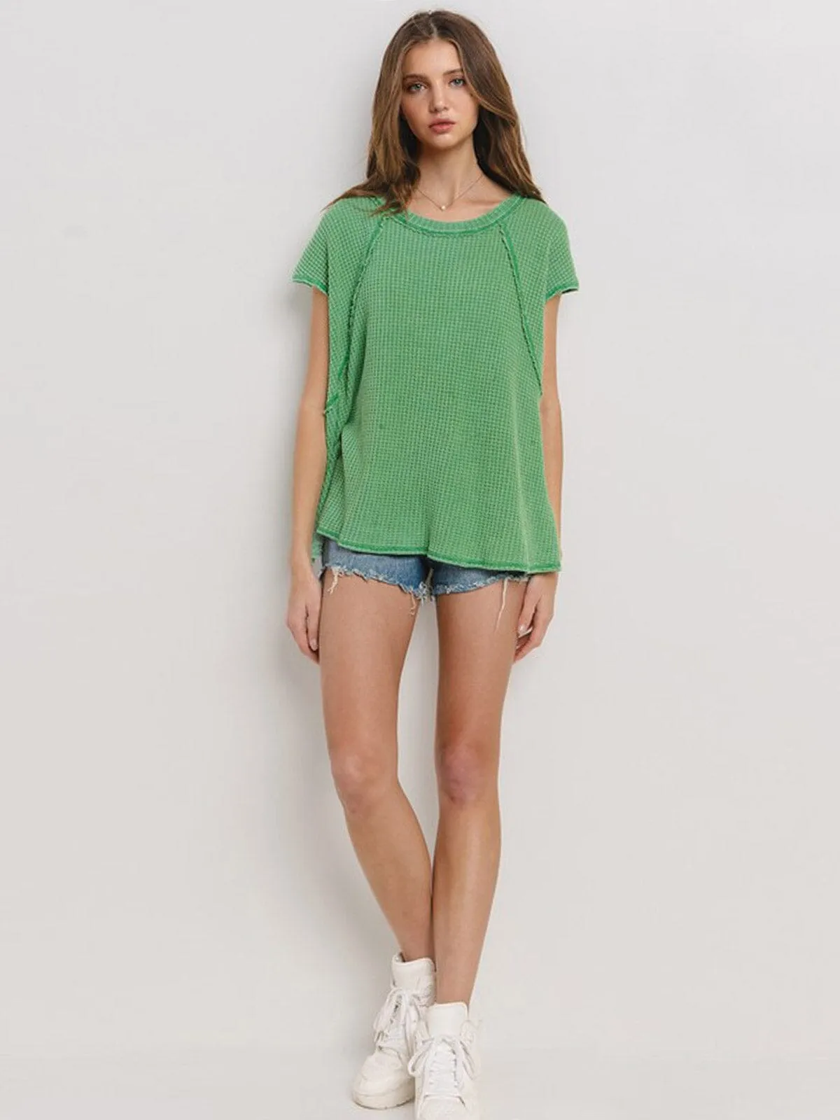WOMEN'S SHORT SLEEVE WAFFLE PRINT TUNIC TOP