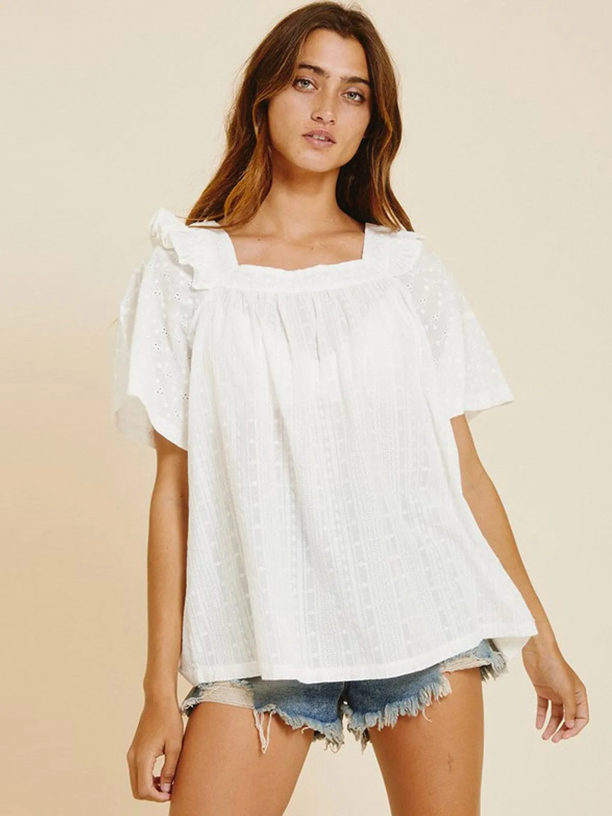 WOMEN'S SHORT SLEEVES EMBROIDRY FLORAL BLOUSE TOP