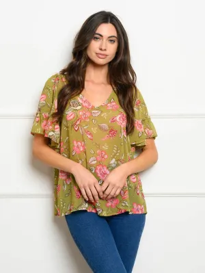 WOMEN'S SHORT SLEEVES FLORAL PRINT TOP