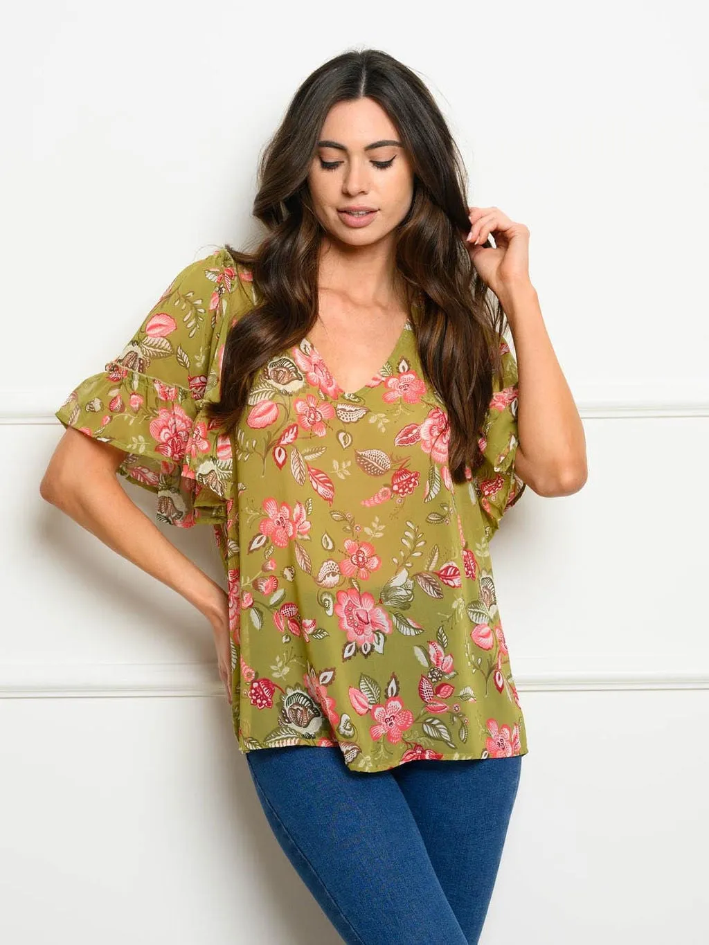 WOMEN'S SHORT SLEEVES FLORAL PRINT TOP