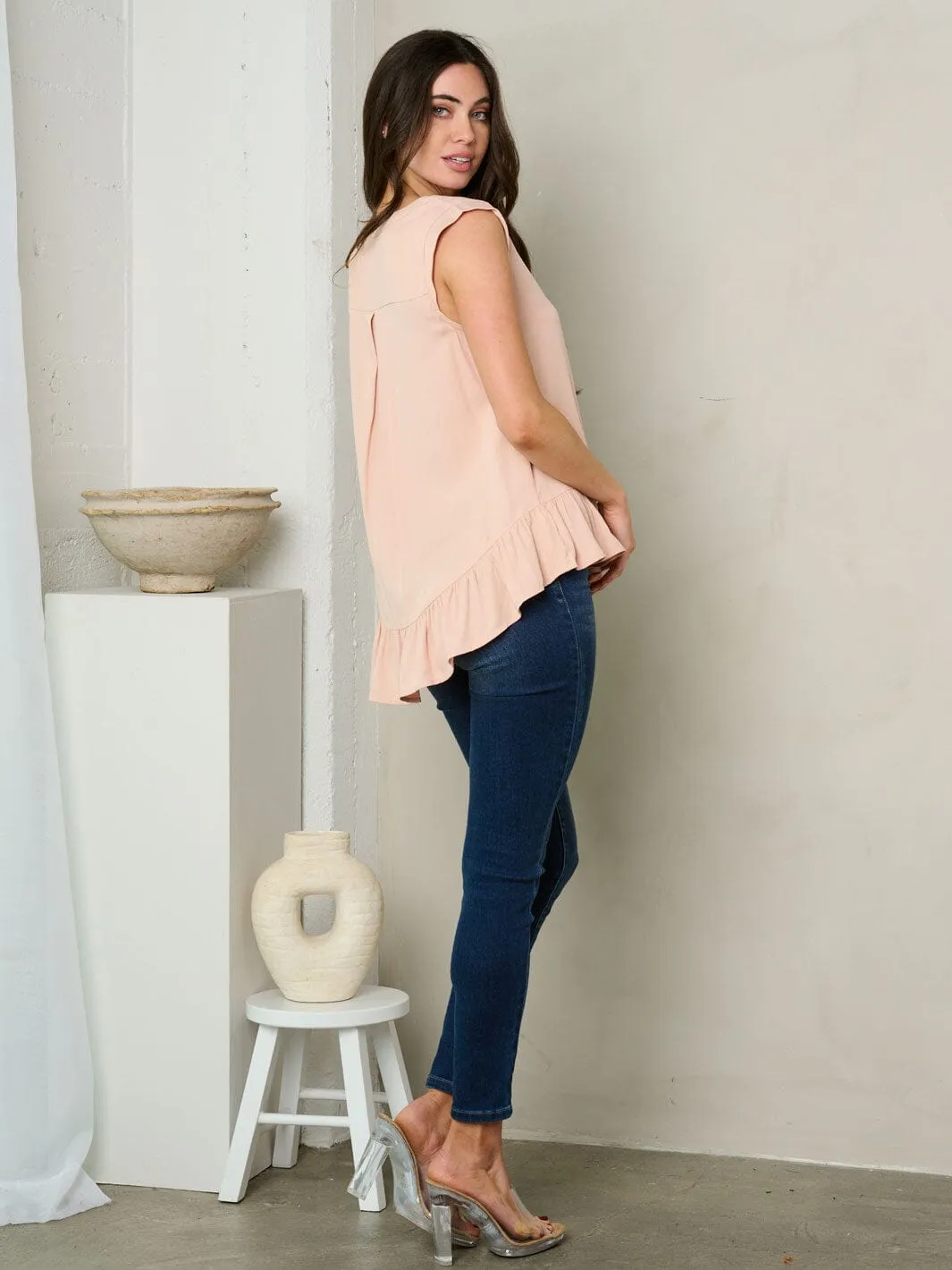 WOMEN'S SLEEVELESS BUTTON UP RUFFLE TUNIC TOP