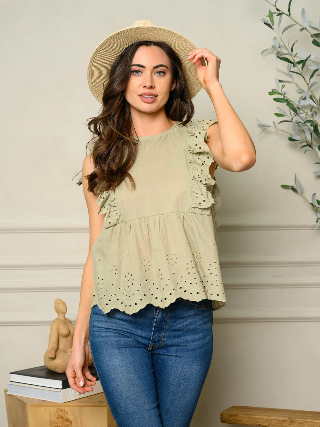 WOMEN'S SLEEVELESS RUFFLE EYELET DETAIL TOP