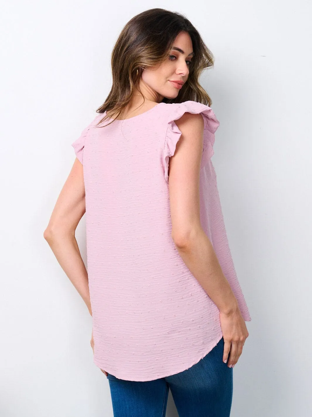 WOMEN'S SLEEVELESS RUFFLE SWISS DOTS BLOUSE TOP