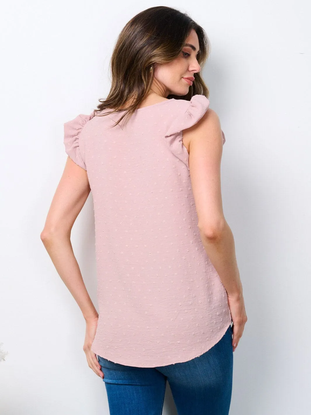 WOMEN'S SLEEVELESS RUFFLE SWISS DOTS BLOUSE TOP