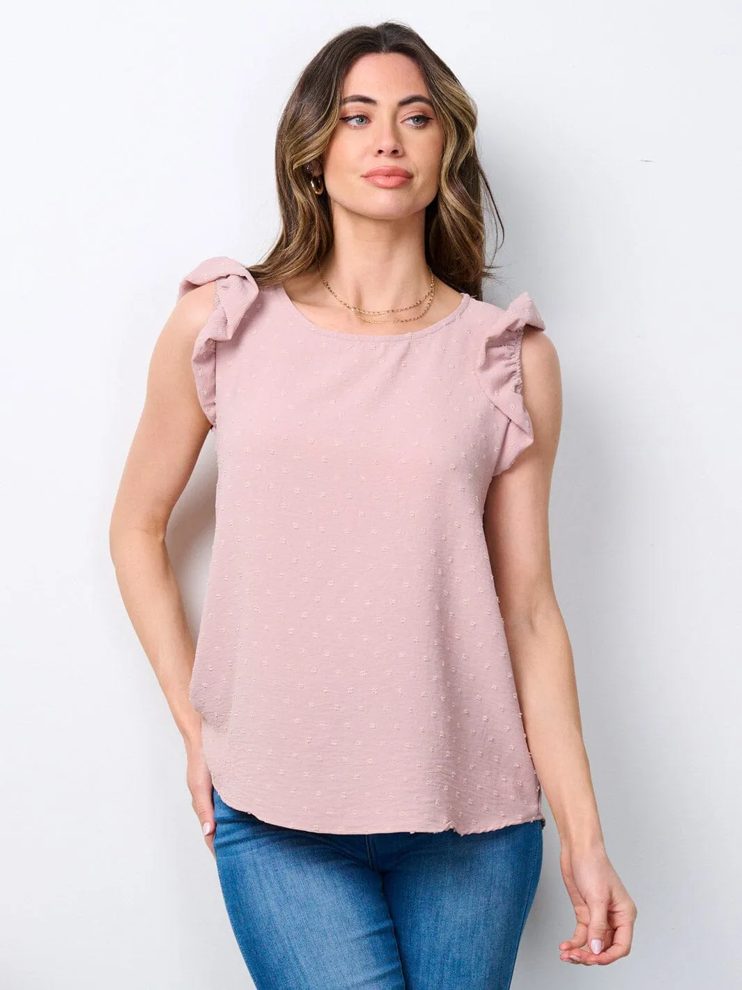 WOMEN'S SLEEVELESS RUFFLE SWISS DOTS BLOUSE TOP