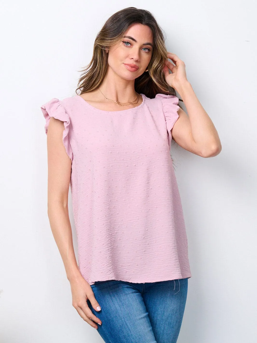 WOMEN'S SLEEVELESS RUFFLE SWISS DOTS BLOUSE TOP
