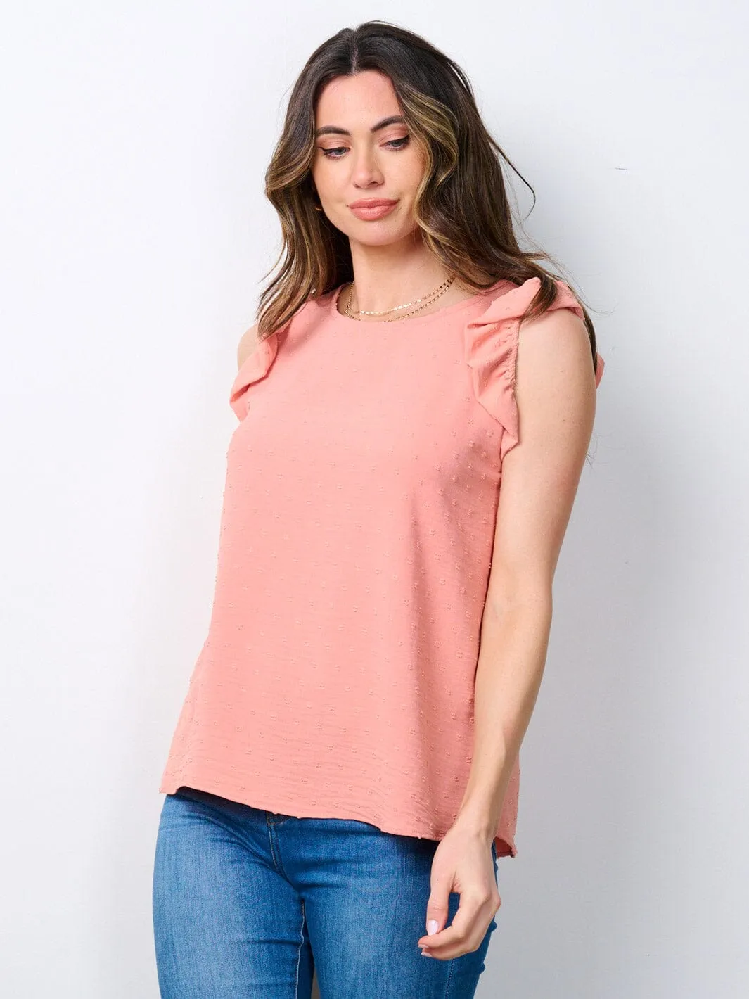 WOMEN'S SLEEVELESS RUFFLE SWISS DOTS BLOUSE TOP