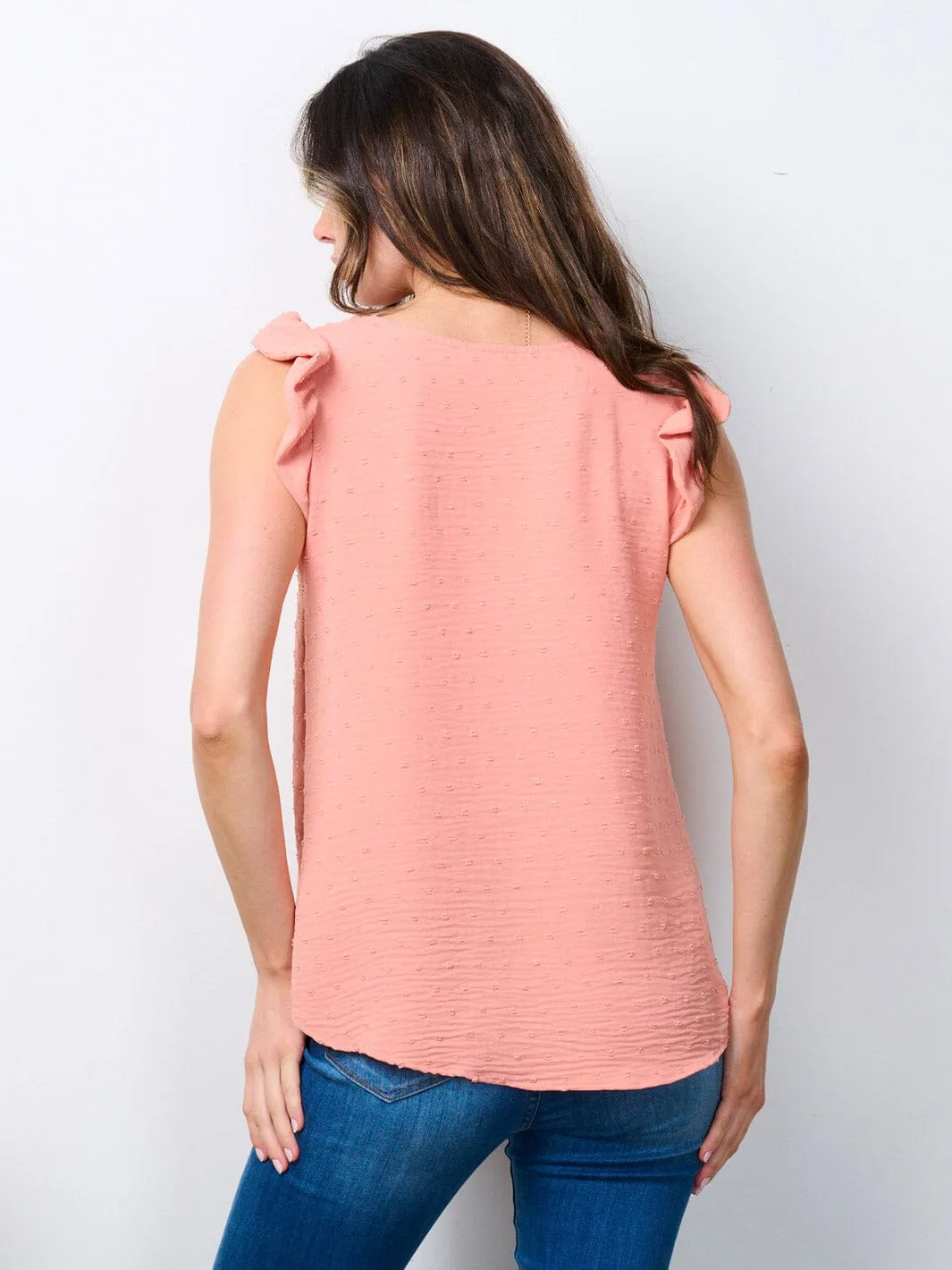WOMEN'S SLEEVELESS RUFFLE SWISS DOTS BLOUSE TOP