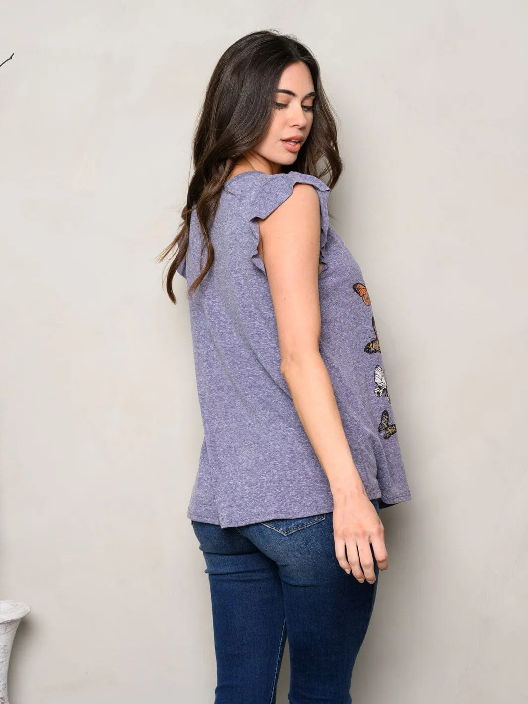 WOMEN'S SLEEVELESS RUFLLE BUTTERFLIES PRINT TOP