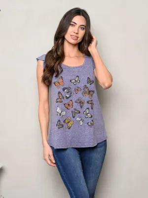 WOMEN'S SLEEVELESS RUFLLE BUTTERFLIES PRINT TOP