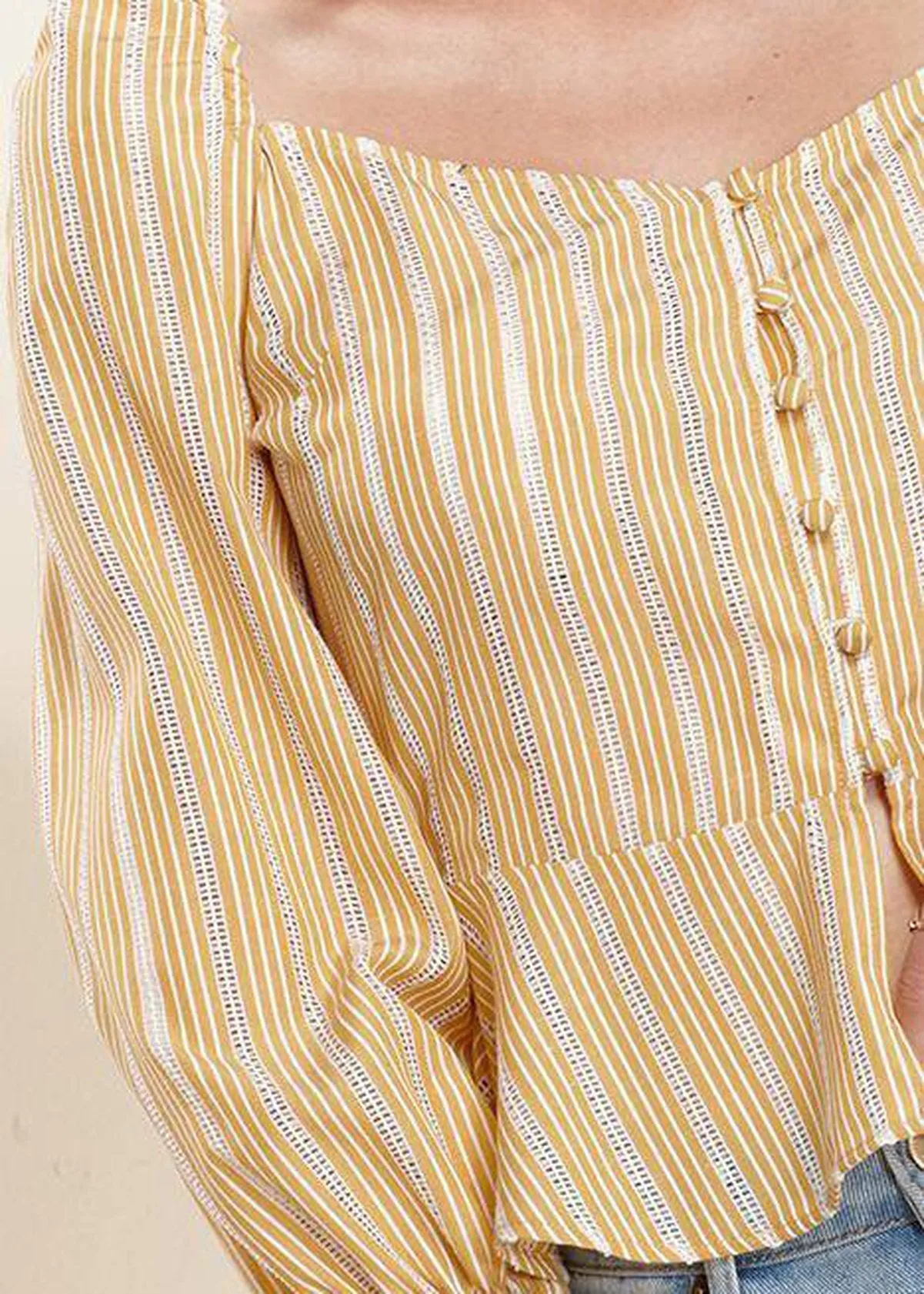 Women's Smocked Cuff Button Front Peplum Blouse in Yellow