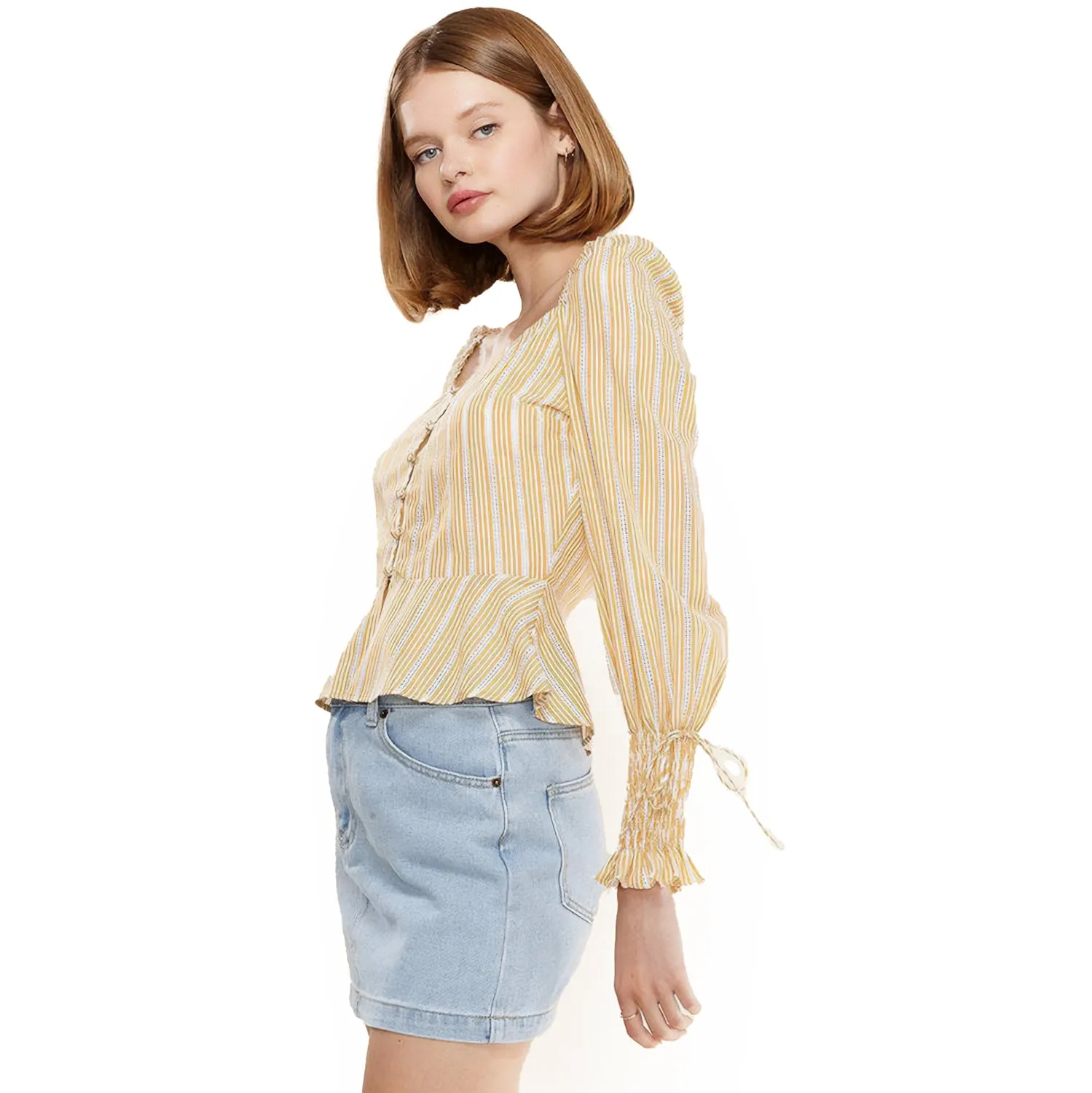 Women's Smocked Cuff Button Front Peplum Blouse in Yellow