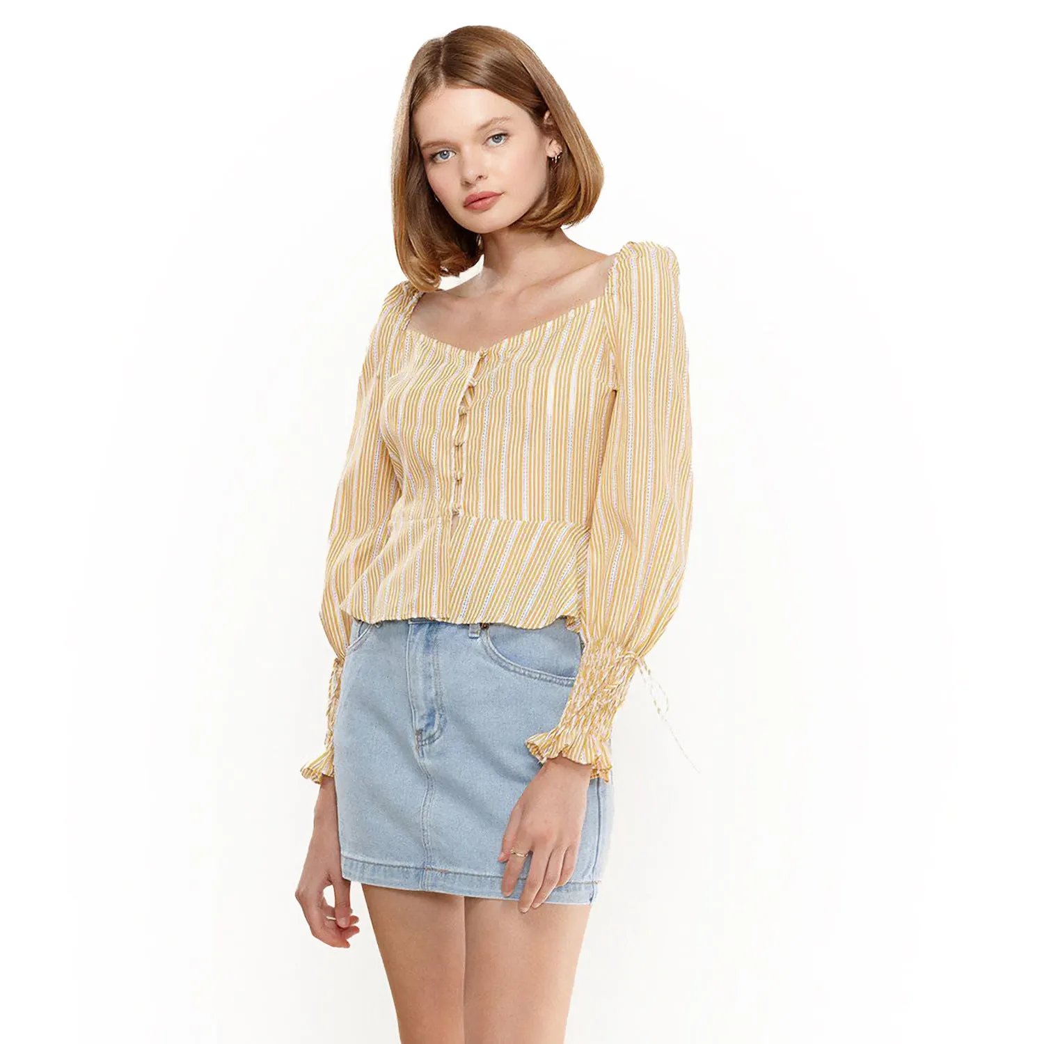 Women's Smocked Cuff Button Front Peplum Blouse in Yellow