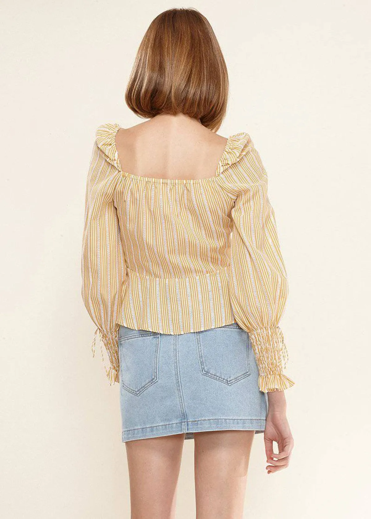 Women's Smocked Cuff Button Front Peplum Blouse in Yellow