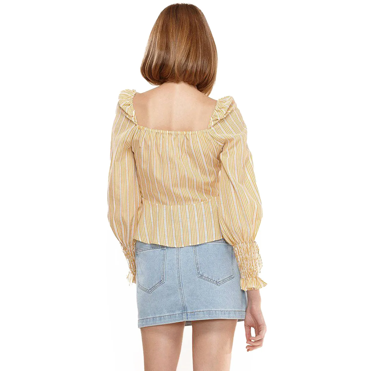 Women's Smocked Cuff Button Front Peplum Blouse in Yellow
