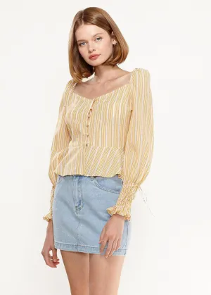 Women's Smocked Cuff Button Front Peplum Blouse in Yellow