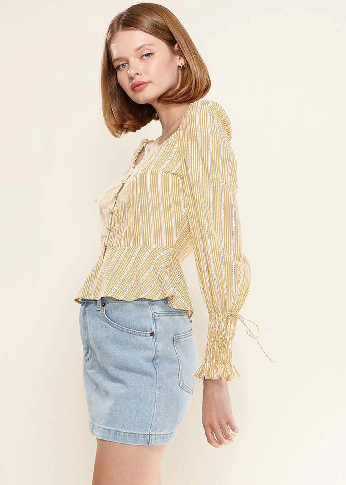 Women's Smocked Cuff Button Front Peplum Blouse in Yellow