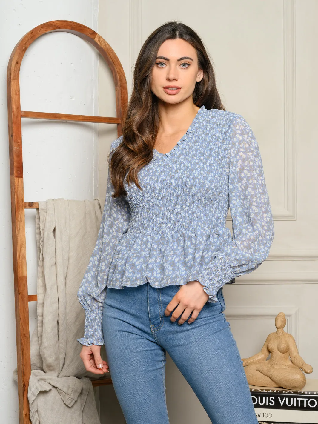 WOMEN'S SMOCKED LONG PUFF SLEEVE FLORAL PEPLUM TOP