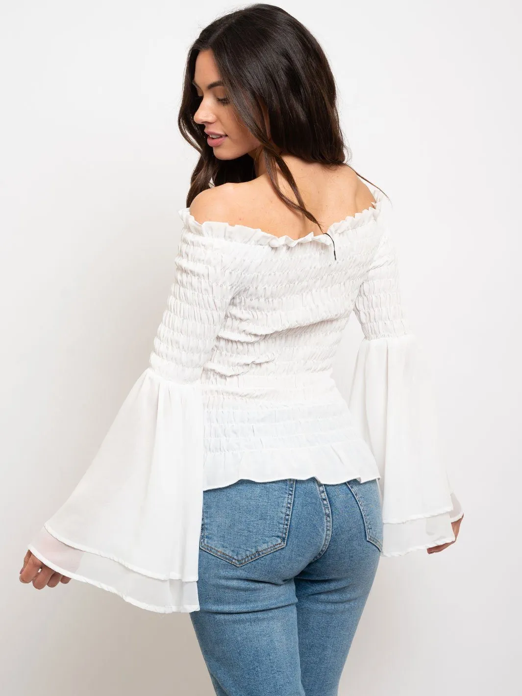 WOMEN'S SMOCKED OFF SHOULDER BELL SLEEVE TOP