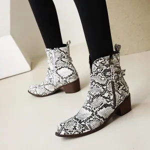Women's Snake Printed Square Toe Side Zippers Block Chunky Heel Short Boots
