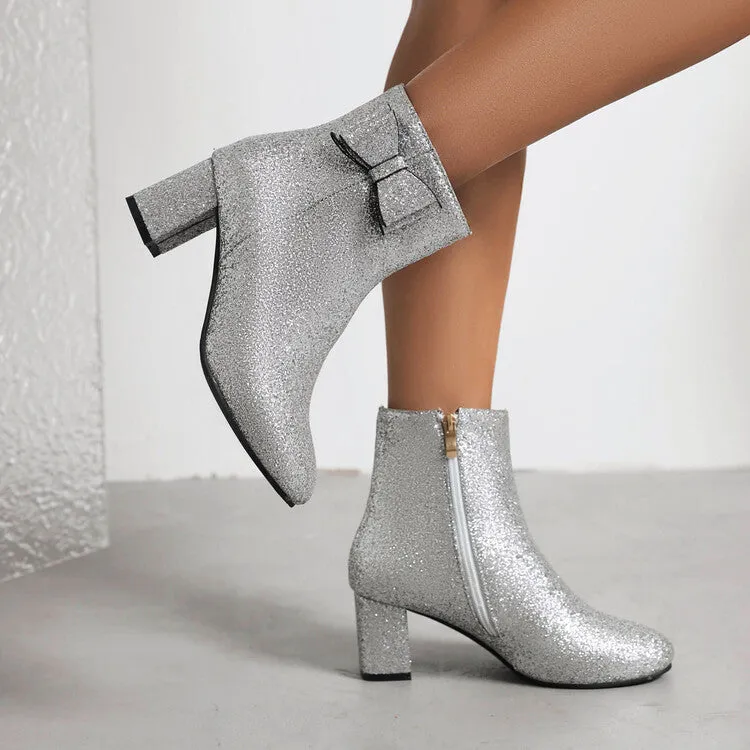 Women's Sparkling Sequins Round Toe Bow Tie Side Zippers Block Chunky Heel Short Boots