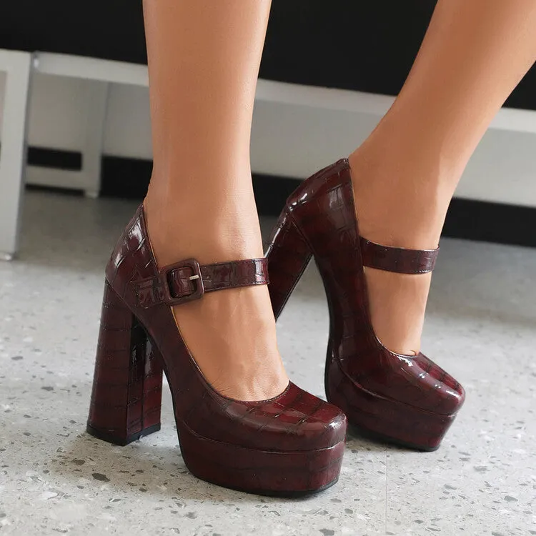 Women's Square Toe Mary Janes Block Heel Platform Pumps