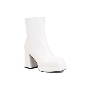 Women's Square Toe Side Zippers Block Chunky Heel Platform Short Boots
