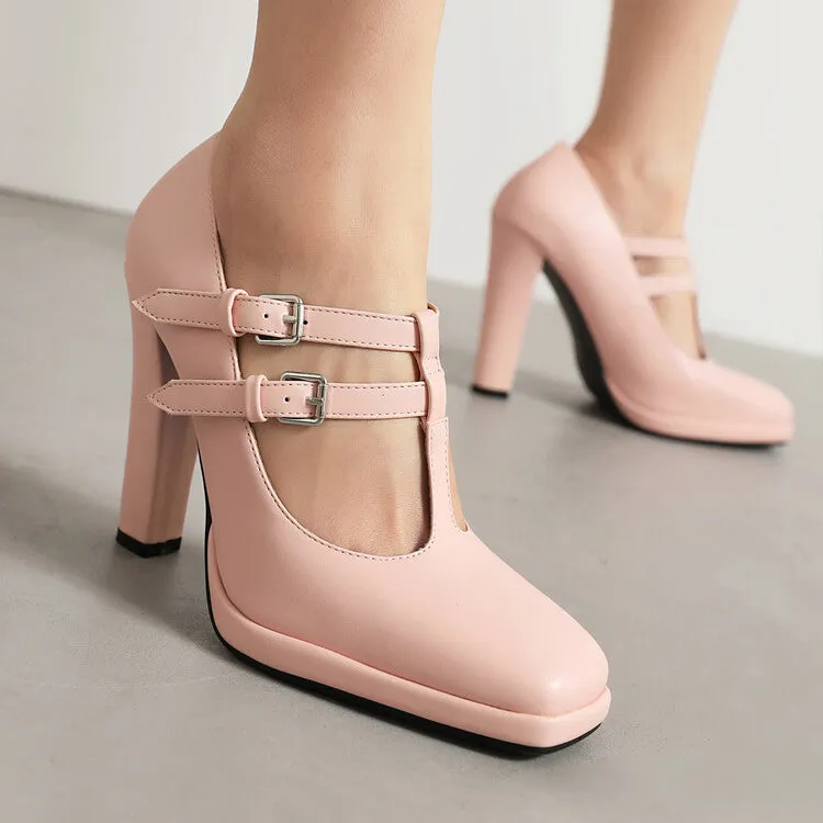 Women's Square Toe T Strap Buckle Straps Chunky Heel Mary Jane Platform Pumps