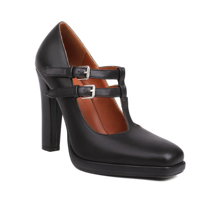 Women's Square Toe T Strap Buckle Straps Chunky Heel Mary Jane Platform Pumps