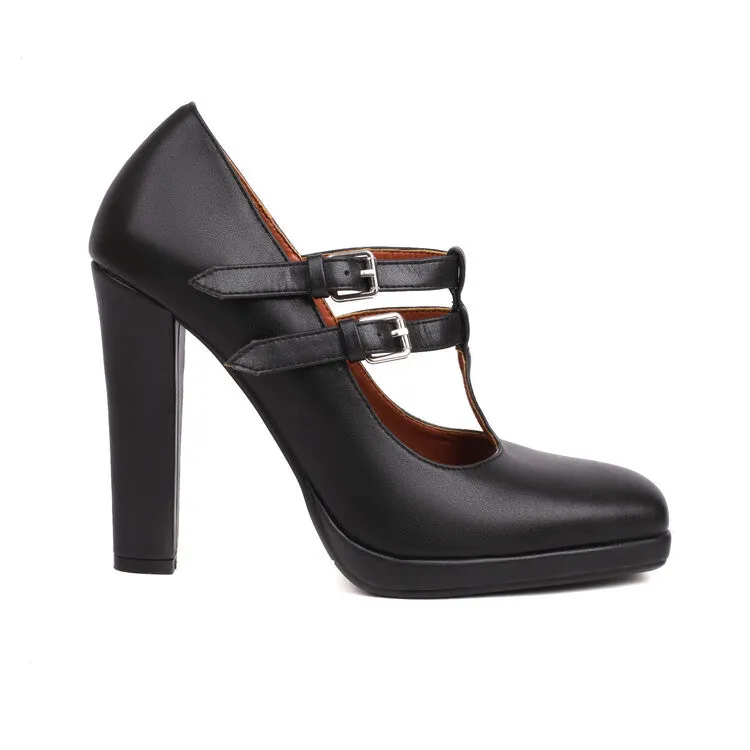 Women's Square Toe T Strap Buckle Straps Chunky Heel Mary Jane Platform Pumps