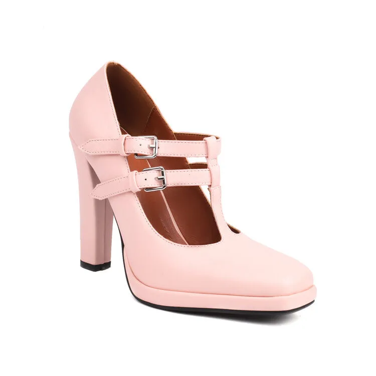 Women's Square Toe T Strap Buckle Straps Chunky Heel Mary Jane Platform Pumps
